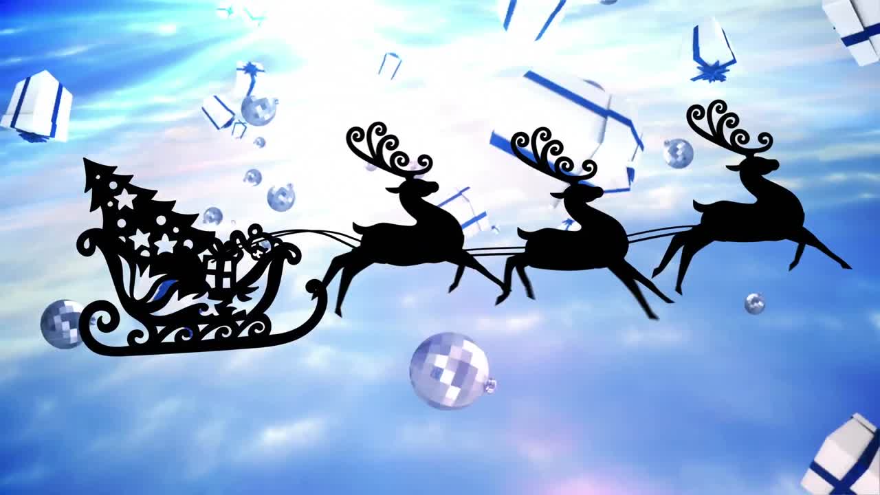 Christmas gifts and baubles falling against christmas tree in sleigh being pulled by reindeers