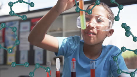 conducting science experiment, child wearing safety goggles holding test tube, animation of molecula