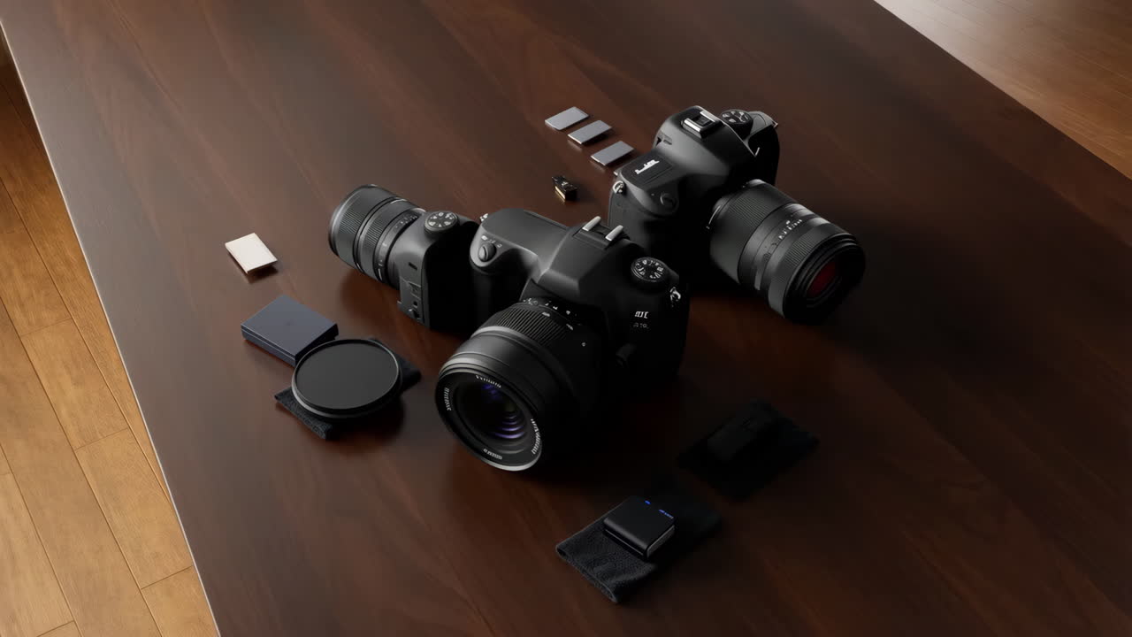 Two modern cameras and various photography accessories displayed on a wooden table