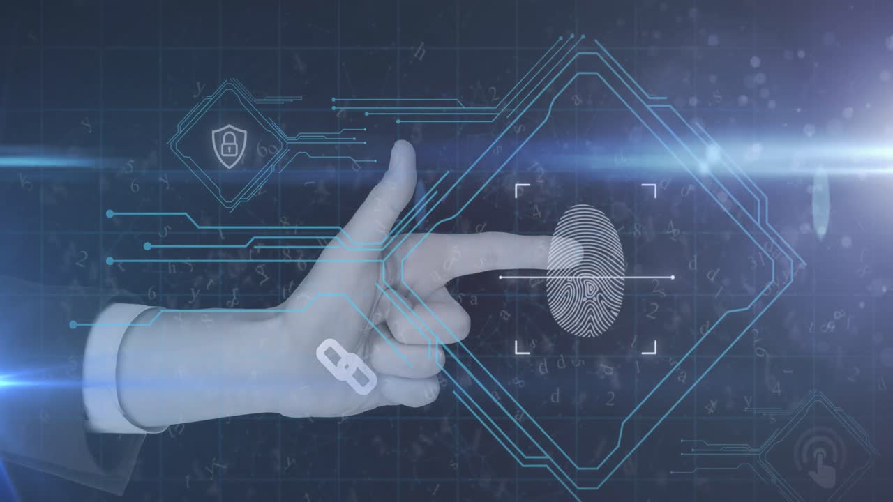 Human hand scanning over fingerprint biometric scanner against blue background