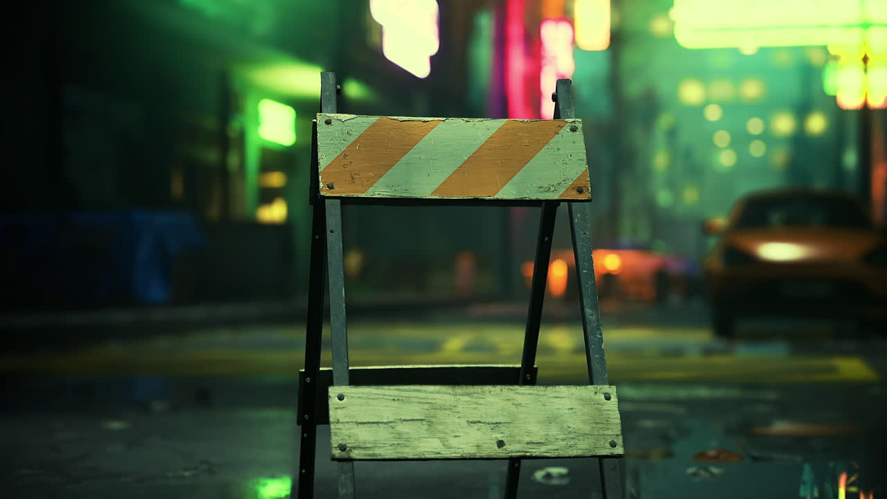 Construction barrier on a wet street in a vibrant urban setting at night