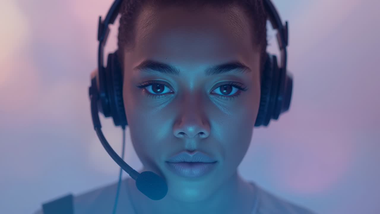 Reacting to laptop glow woman with headset straightening at desk prepping for call, with bokeh wall