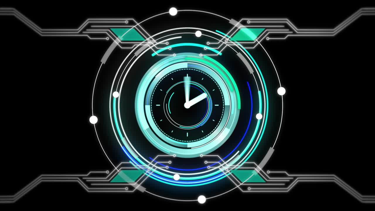 Animation of scope scanning with clock over black background