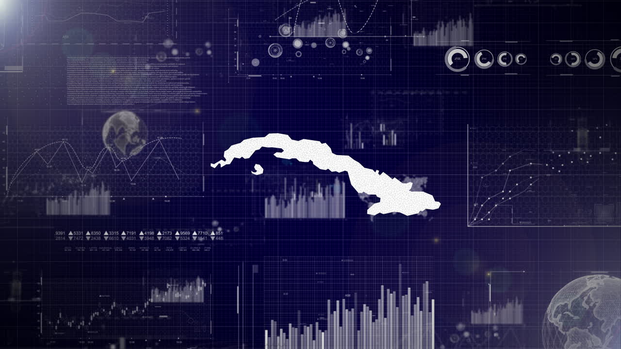 fondo corporativo del país de cuba con elementos abstractos de gráficos de análisis de datos que muestran el análisis de datos video tecnológico con globo, crecimiento, gráficos, datos estadísticos del país de cuba