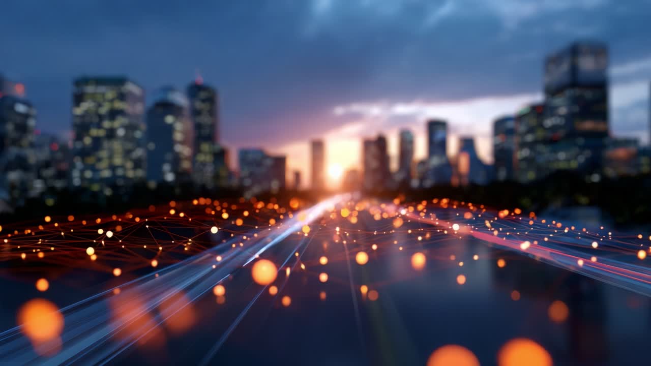 Ein atemberaubendes Bild einer Stadtlandschaft in der Dämmerung mit leuchtenden Lichtern und Sonnenuntergangsreflexionen auf einer futuristischen Straße, das eine dynamische urbane Atmosphäre und ein besonderes Ambiente schafft