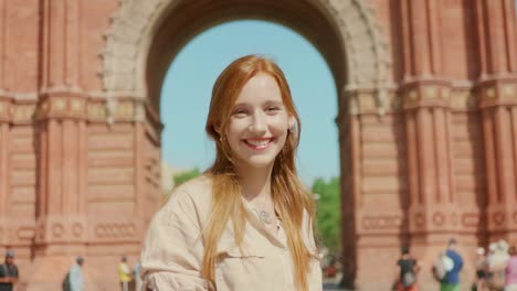 portrait of joyful girl smiling outdoor. happy female face posing on camera.