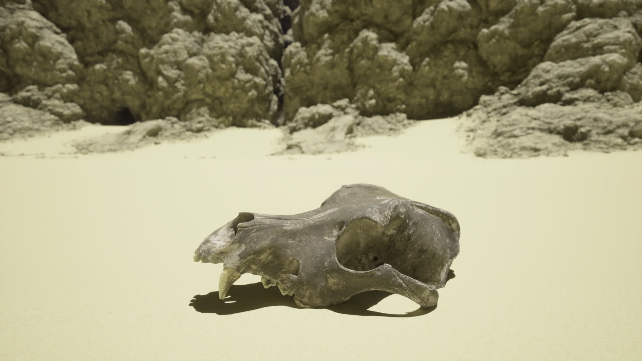 Unique fossilized animal skull rests on sandy beach near cliffs