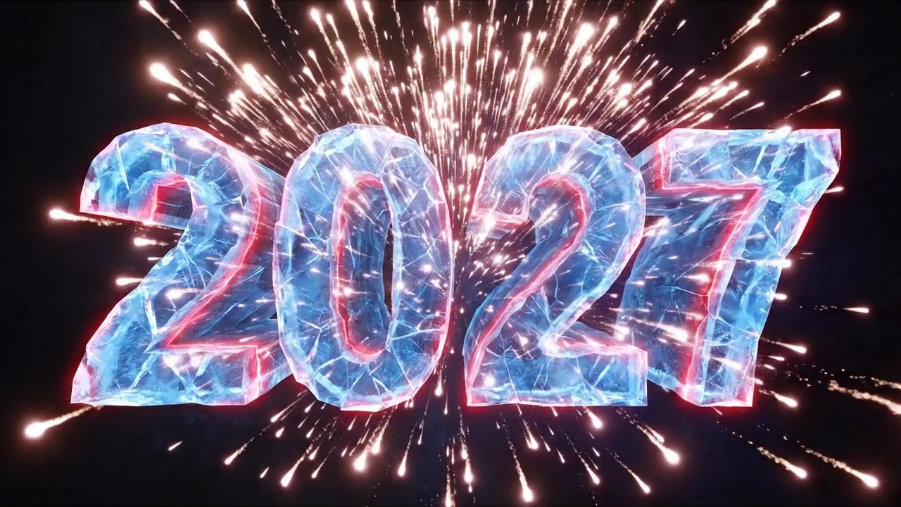 Testo "Capodanno 2027" animato in 3D con esplosione di fuochi d'artificio