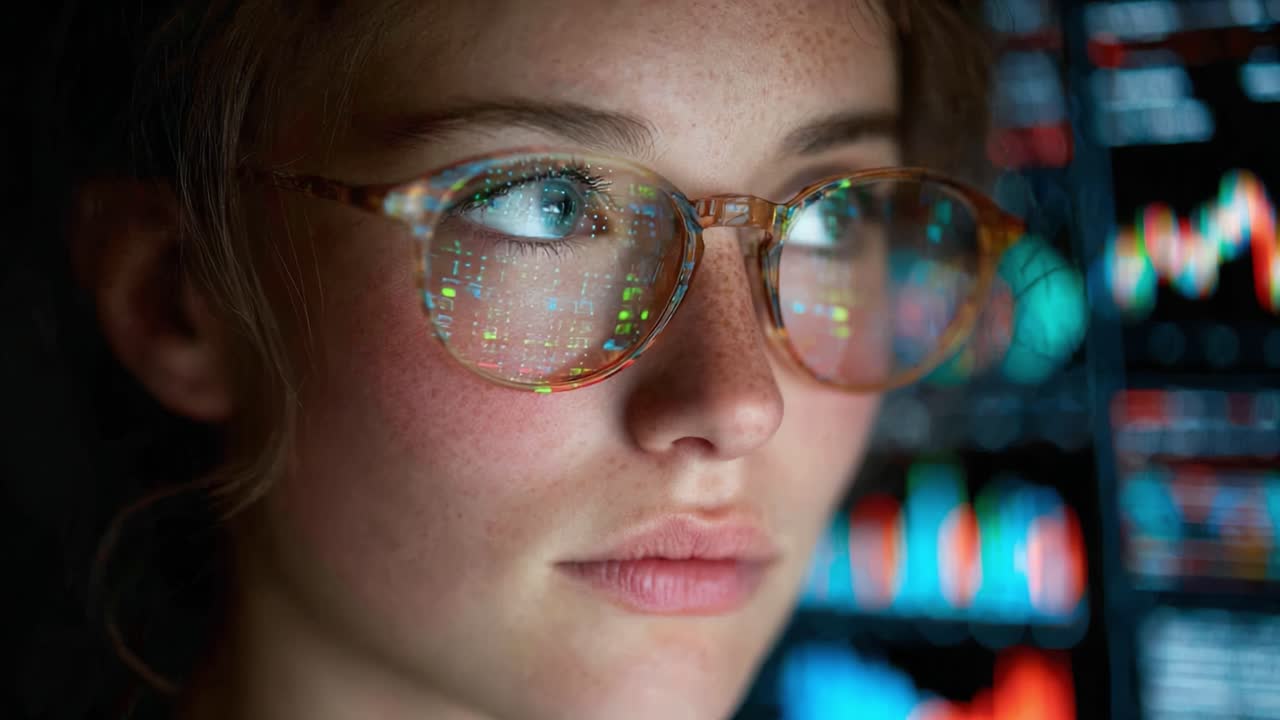 A Young Woman Analyzing Financial Data Through Eyeglasses Reflecting Complex Stock Market Trends and Digital Charts in a Dark Environment