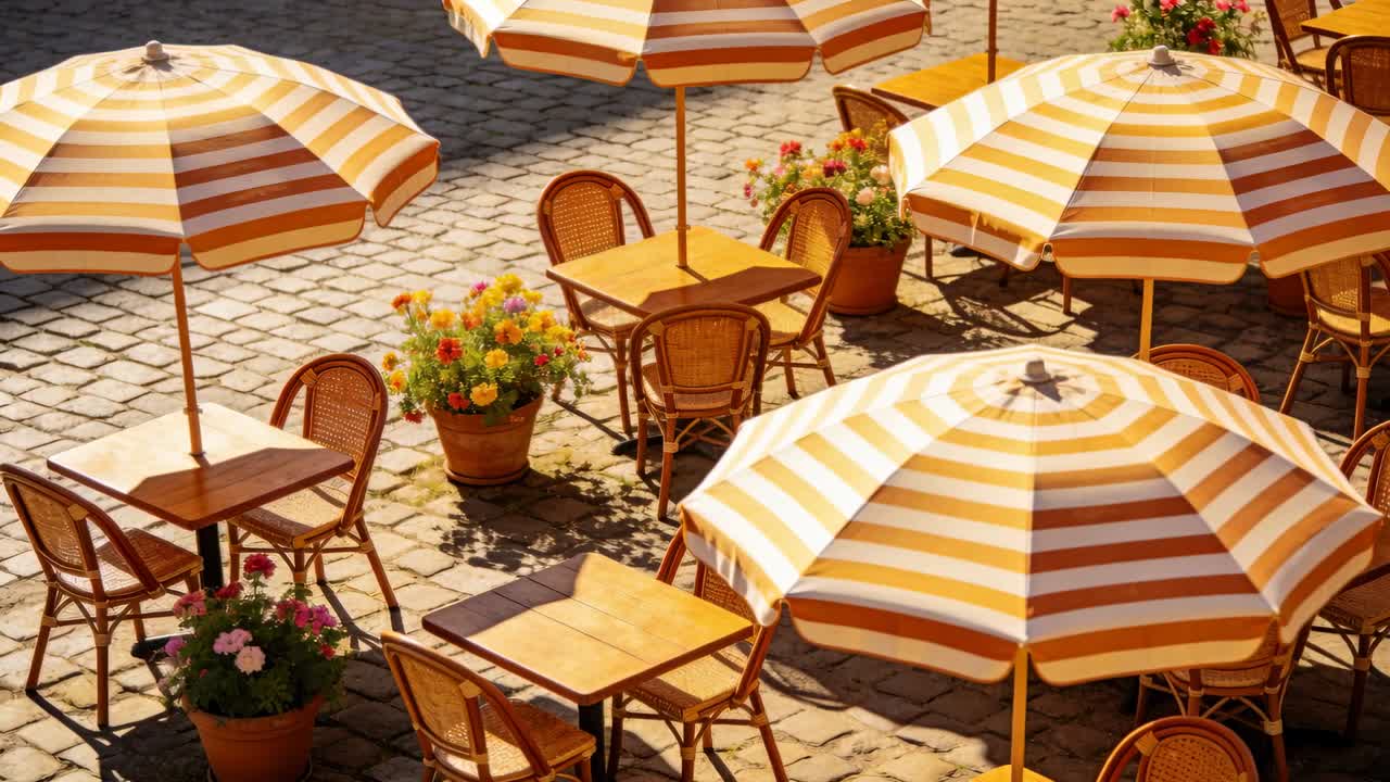Luce del sole che cambia inonda ombrelloni a strisce arancioni e tavoli in una piazza acciottolata, scandendo il tempo