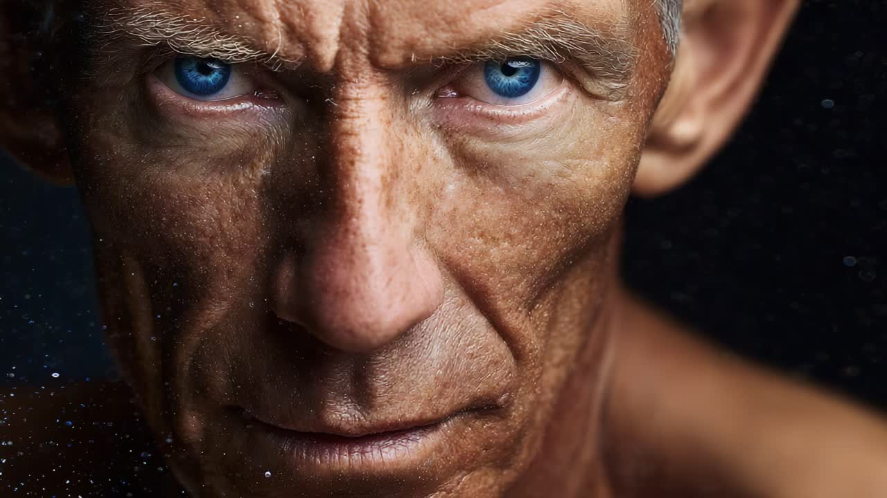 Intense Portrait of a Man with Striking Blue Eyes and Weathered Skin, Captivating Expression and Defining Features Captured in High Detail Against a Dark Background