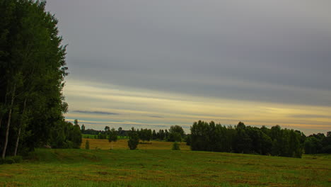 Statische-Aufnahme-Der-Bewegung-Weißer-Wolken-Im-Zeitraffer-Entlang-Grüner-Wiesen-Neben-Wenigen-Bäumen-An-Einem-Bewölkten-Tag