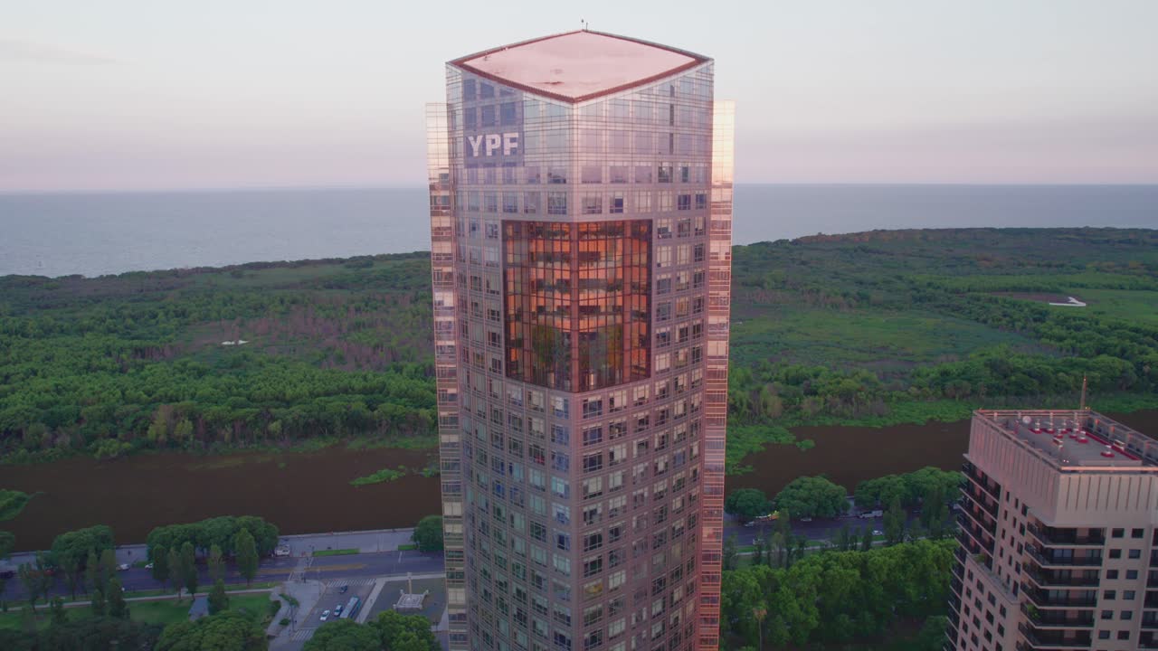 Aerial Backward Shoot of YPF Corporate Office Skyscraper, Puerto Madero, Argentina
