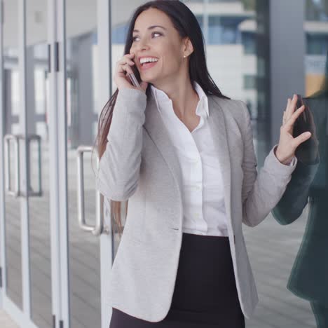 Glückliche-Geschäftsfrau-Am-Telefon-Neben-Dem-Fenster