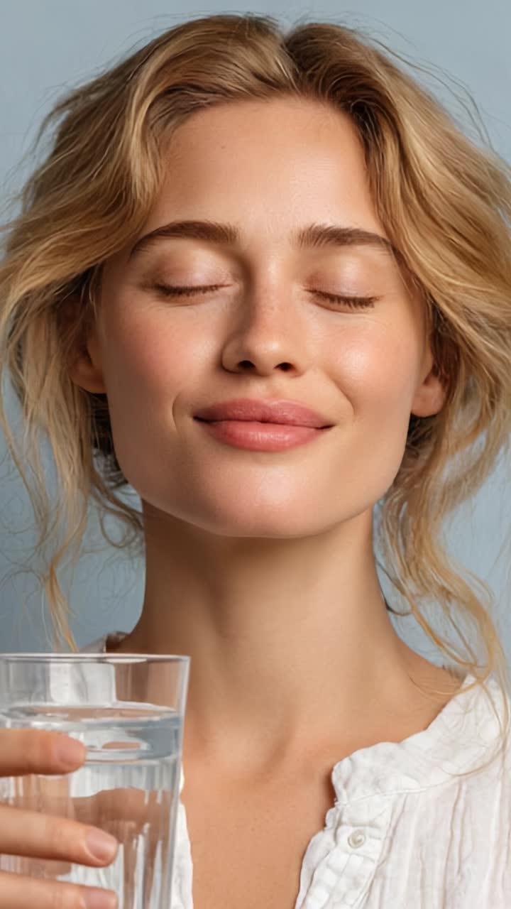 Una donna che si gode con gioia un rinfrescante bicchiere d'acqua, mostrando una bellezza naturale e un'espressione serena con un morbido sfondo blu che enfatizza l'idratazione e la cura di sé