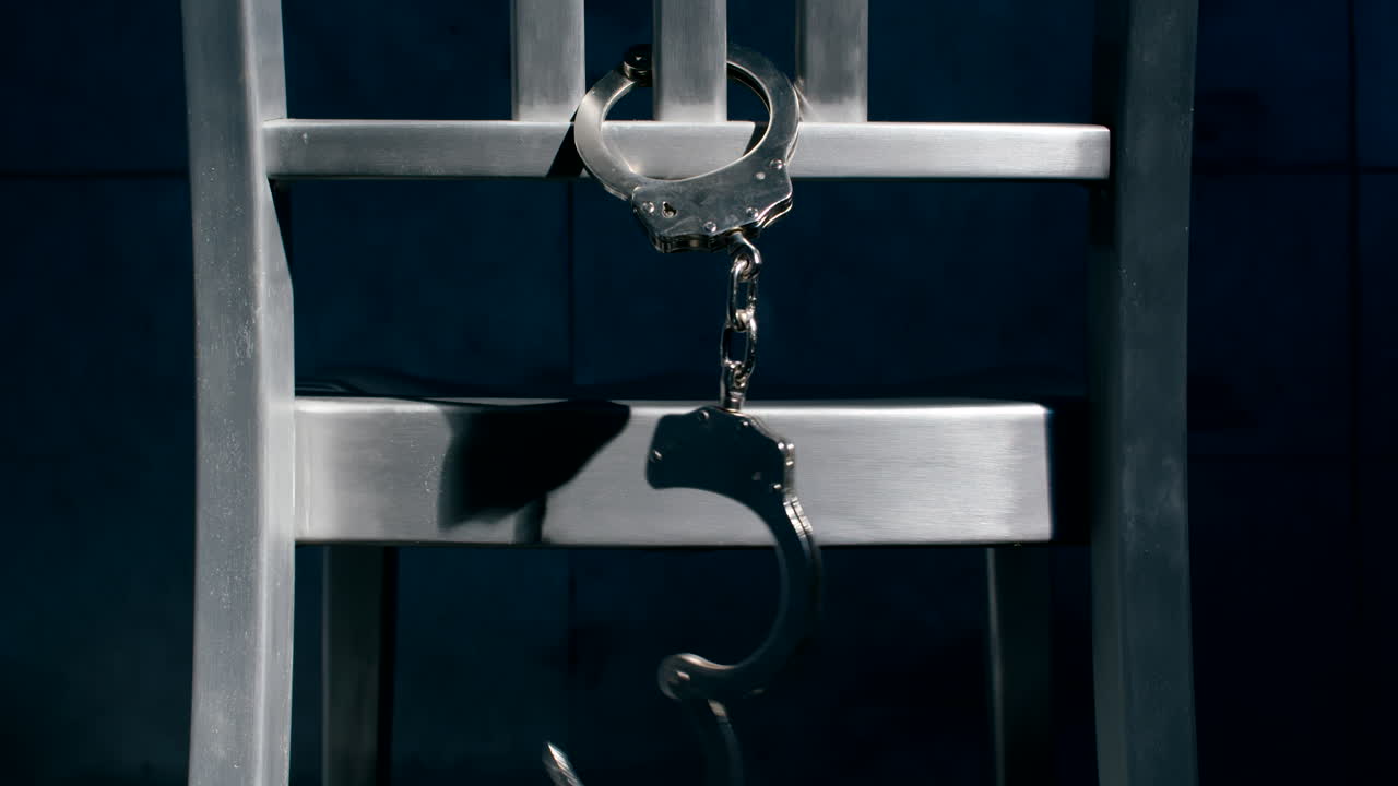 의자 뒤에 매달린 수갑의 중간 돌리 샷