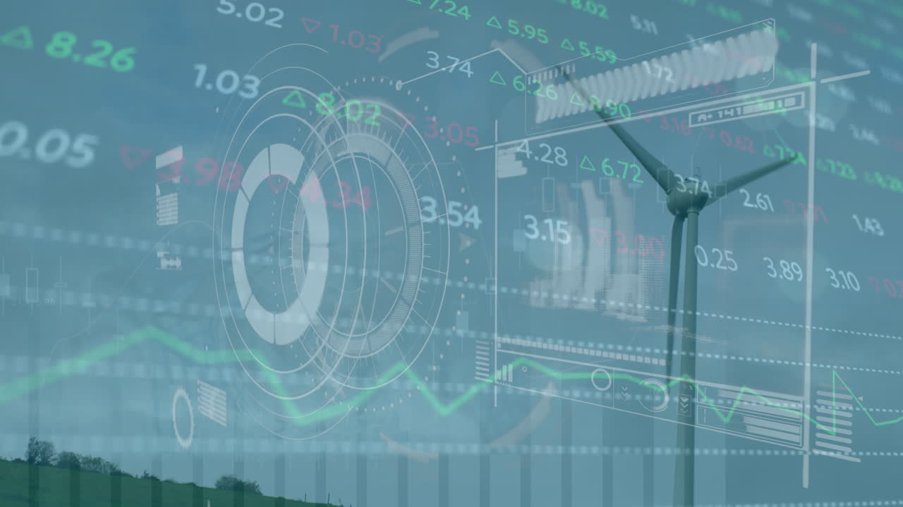 은 하늘을 배경으로 회전하는 풍차 위의 거래 보드, 그래프 및 레이더의 애니메이션