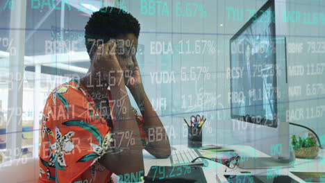 animation of trading board, tired african american woman removing spectacles and touching head