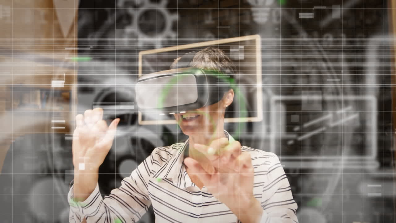 múltiples iconos digitales y procesamiento de datos contra una mujer caucásica que usa auriculares vr en la oficina