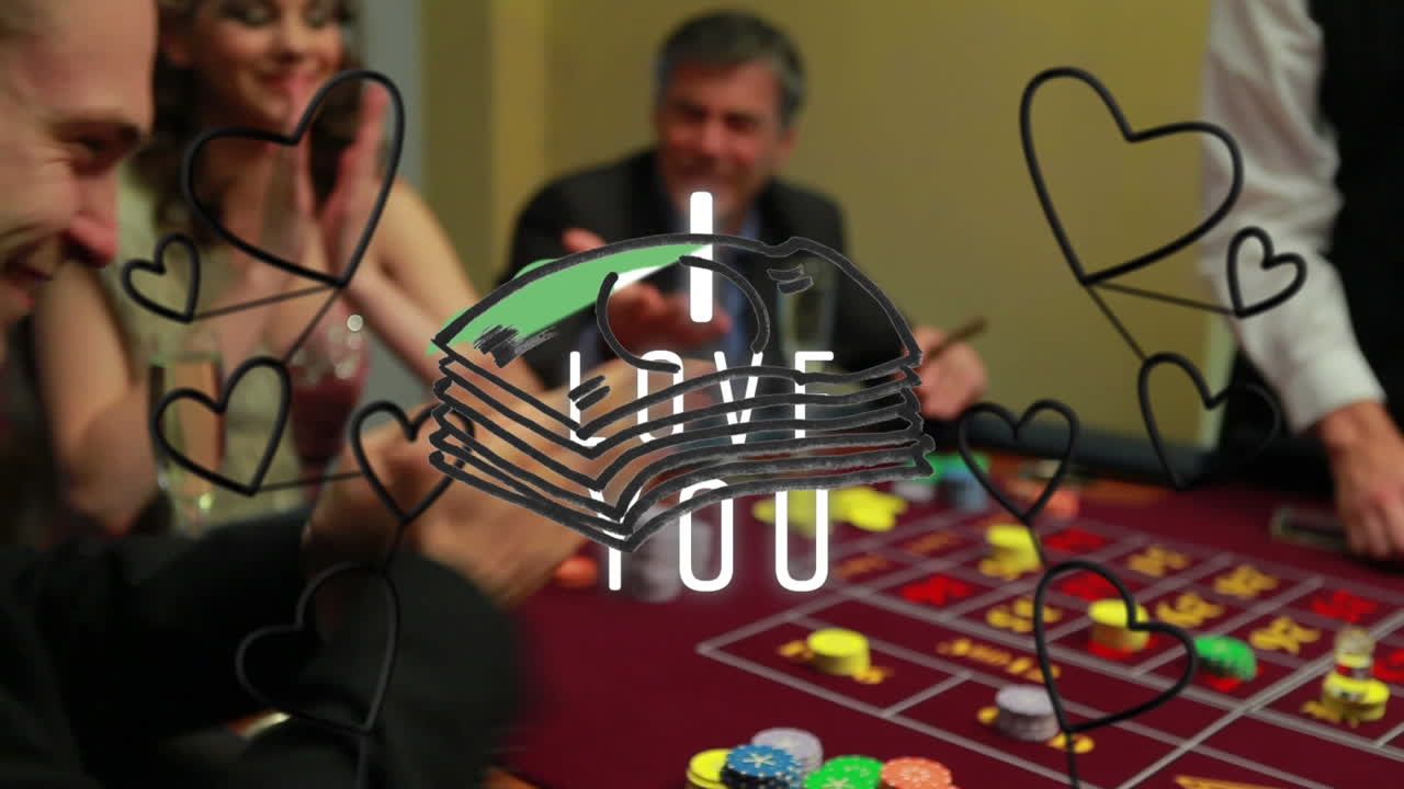 animación de iconos de corazón y te quiero texto sobre la gente caucásica en el casino.