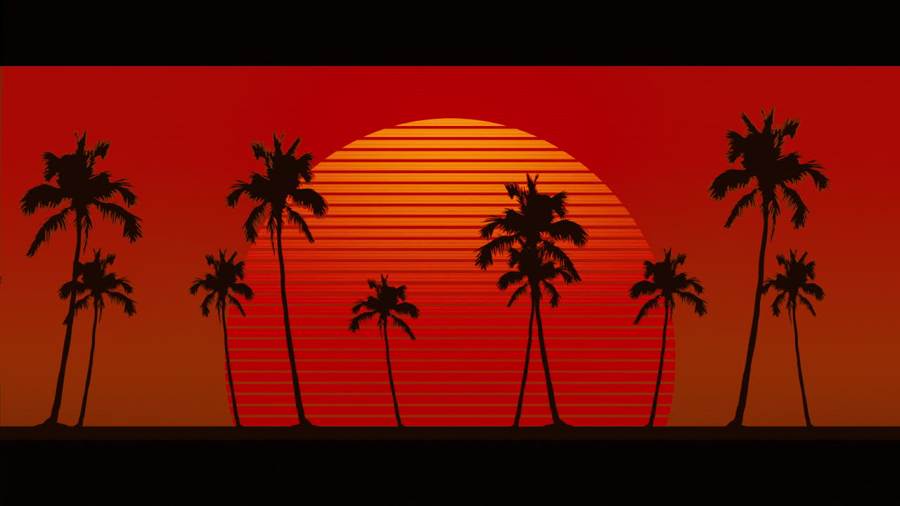 animación de palmeras moviéndose sobre el sol naranja brillante en rojo