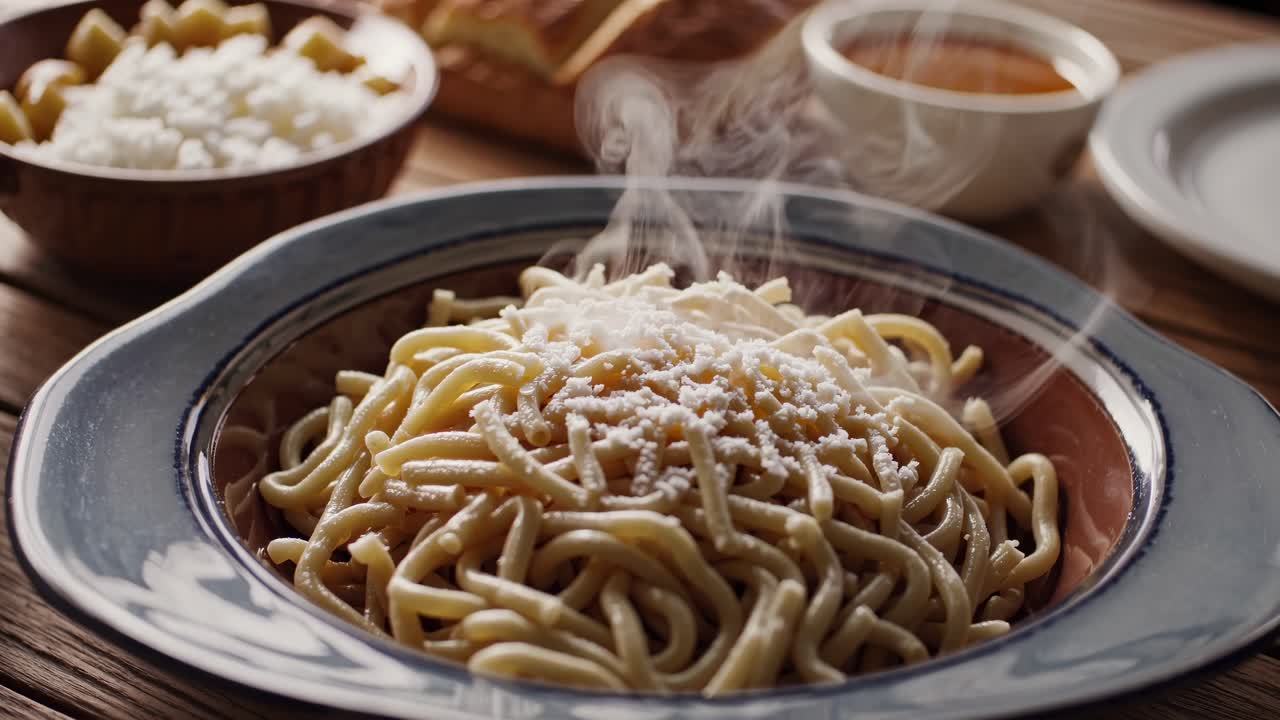 Primo piano, scatto con profondità di campo ridotta di un piatto di pasta con formaggio grattugiato, che cattura un'atmosfera calda.