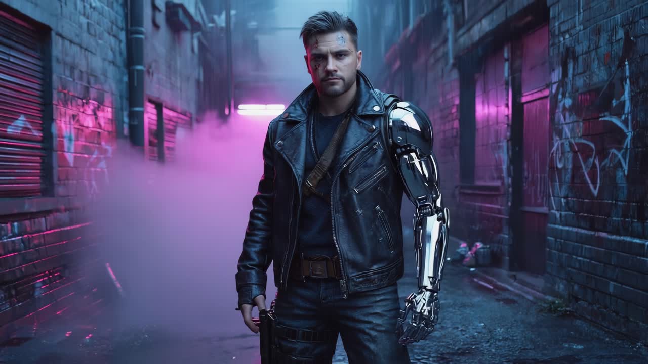 Cyberpunk man with bionic arm in a neon-lit alleyway
