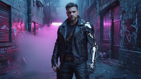cyberpunk man with bionic arm in a neon-lit alleyway