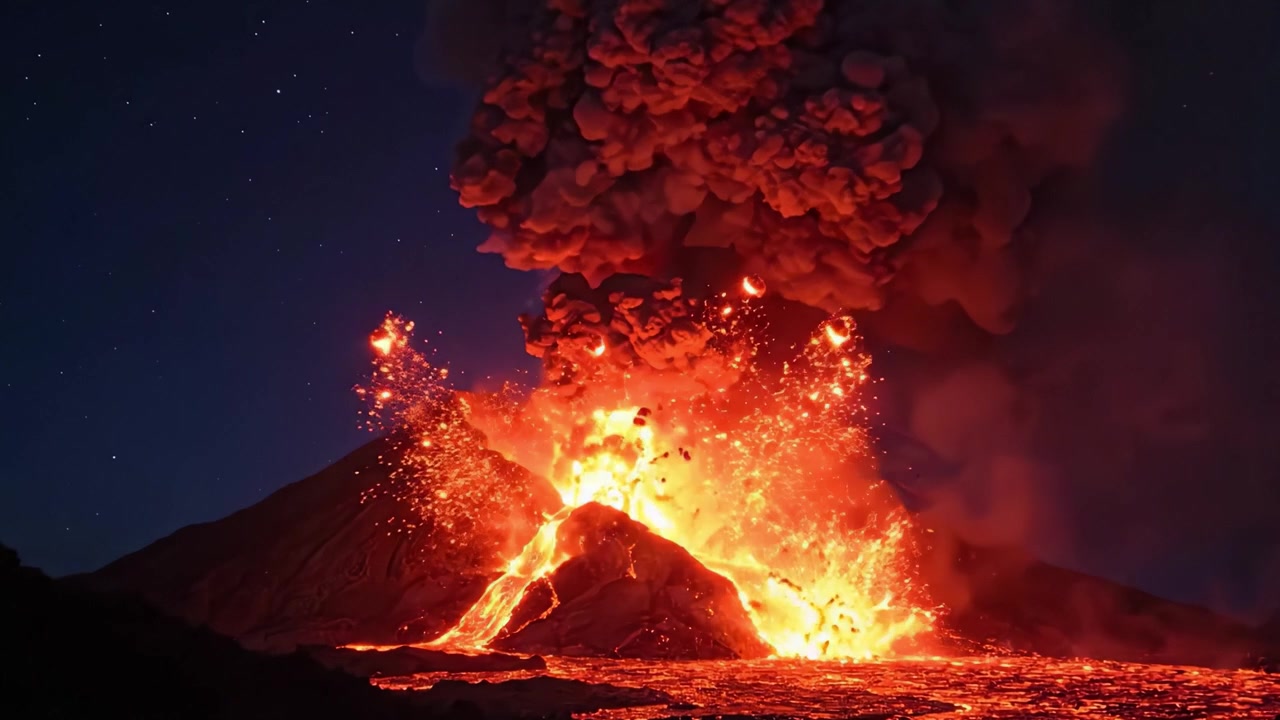 Spektakulært Vulkanudbrud om Natten, Der Viser Flydende Lava, Massive Askenskyer og Pyroklastisk Aktivitet Oplyst af Glødende Lava og Nattehimlen