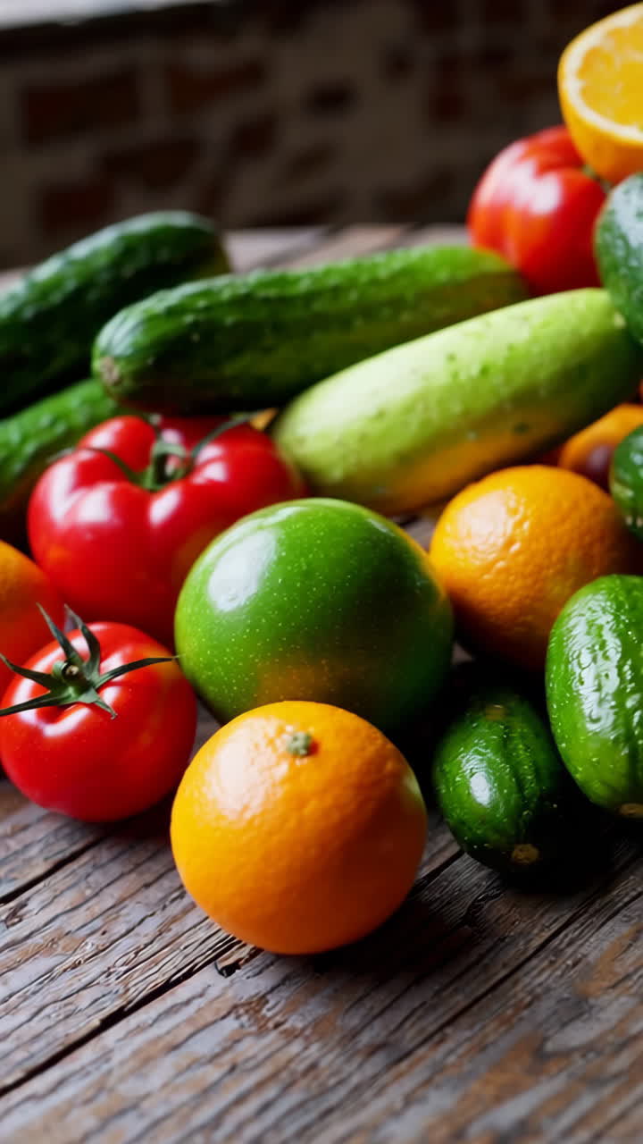 Assortment of Fresh Fruits and Vegetables on a Wooden Table