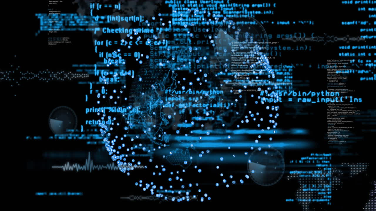 Animation of glowing digital globe with data points and programming code overlay