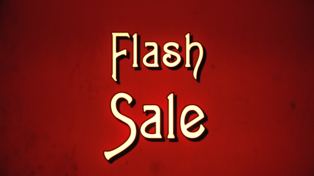 un mensaje de texto, fuente retro de lujo, estilo de película dañada de los años 70, que aparece con una animación de ampliación de letras: venta flash