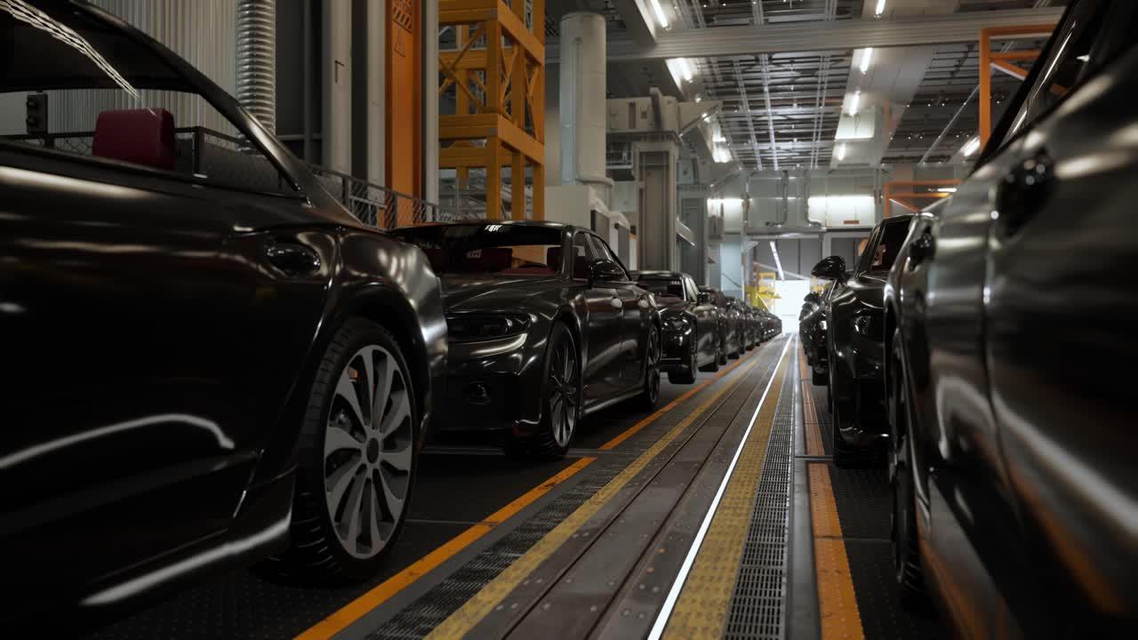 interior de la fábrica de automóviles. carrocería de color negro en una línea de ensamblaje de automóviles planta industrial, fábrica de automóbiles, instalación de fábrica de producción de automóviles