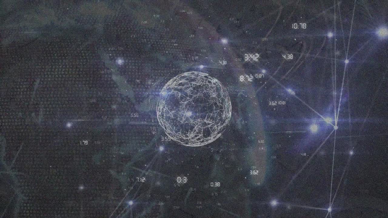 Animation of light beams with lines connecting dots with globe rotating on digital interface