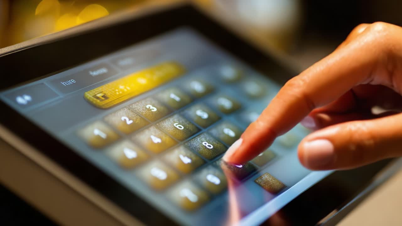 A close-up view of a person's finger interacting with a digital touchscreen keypad, highlighting user engagement with technology in a modern environment, focused on inputting numerical data