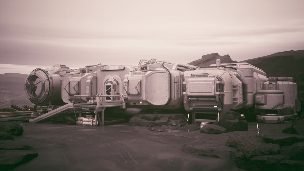 Colonist base established on a distant planet with advanced habitation modules