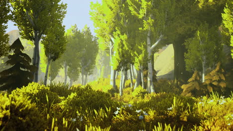 sunlight filters through vibrant trees in a serene forest landscape at midday