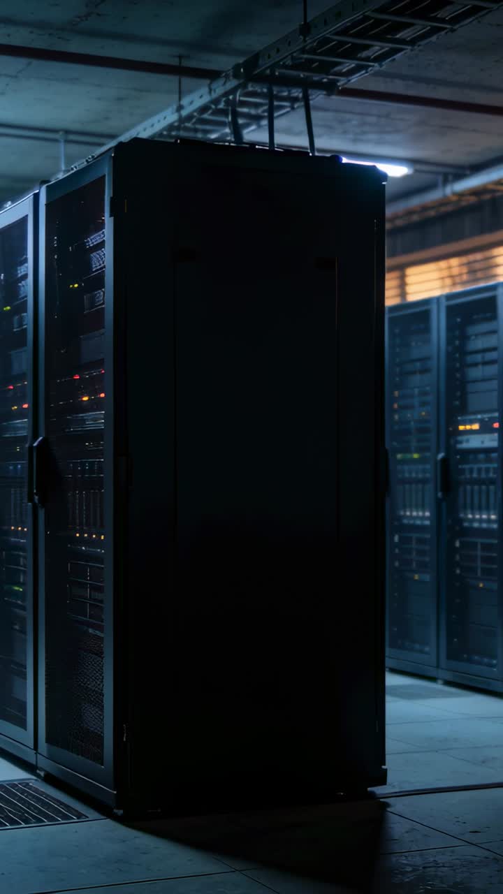 Vertikal video: Panorerende kamera fanger et højt serverskab i en datacentergang, med blinkende LED'er.