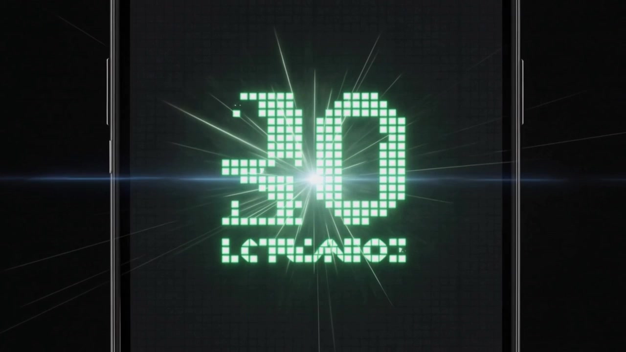 Animating smartphone screen revealing green dotted 30 in close-up, central flare starting grid