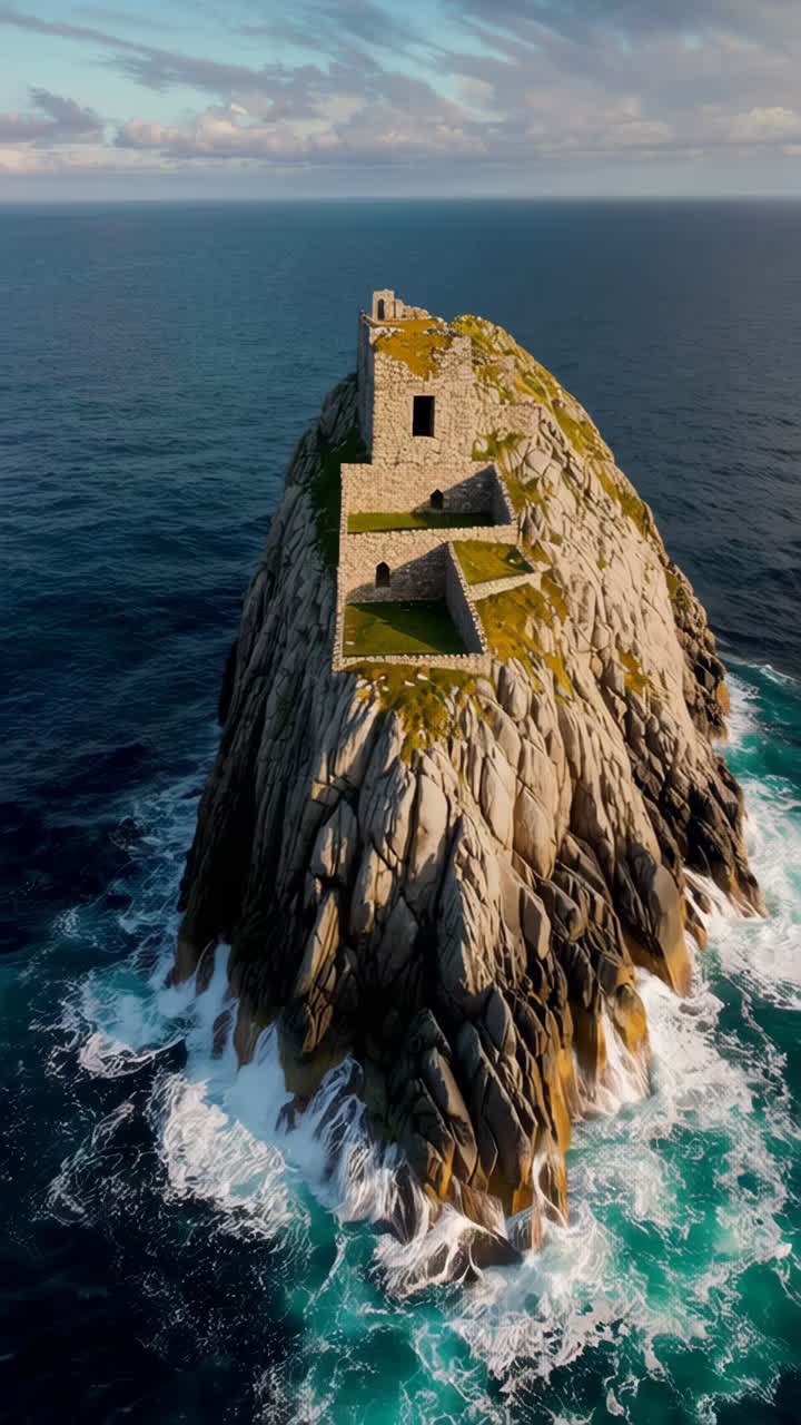 Ancient Stone Fortress on a Remote Rocky Island in the Ocean