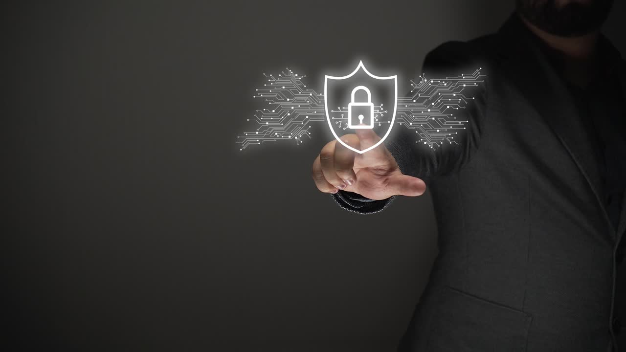 cyber security concept. business person shows a hologram of an electronic lock sign