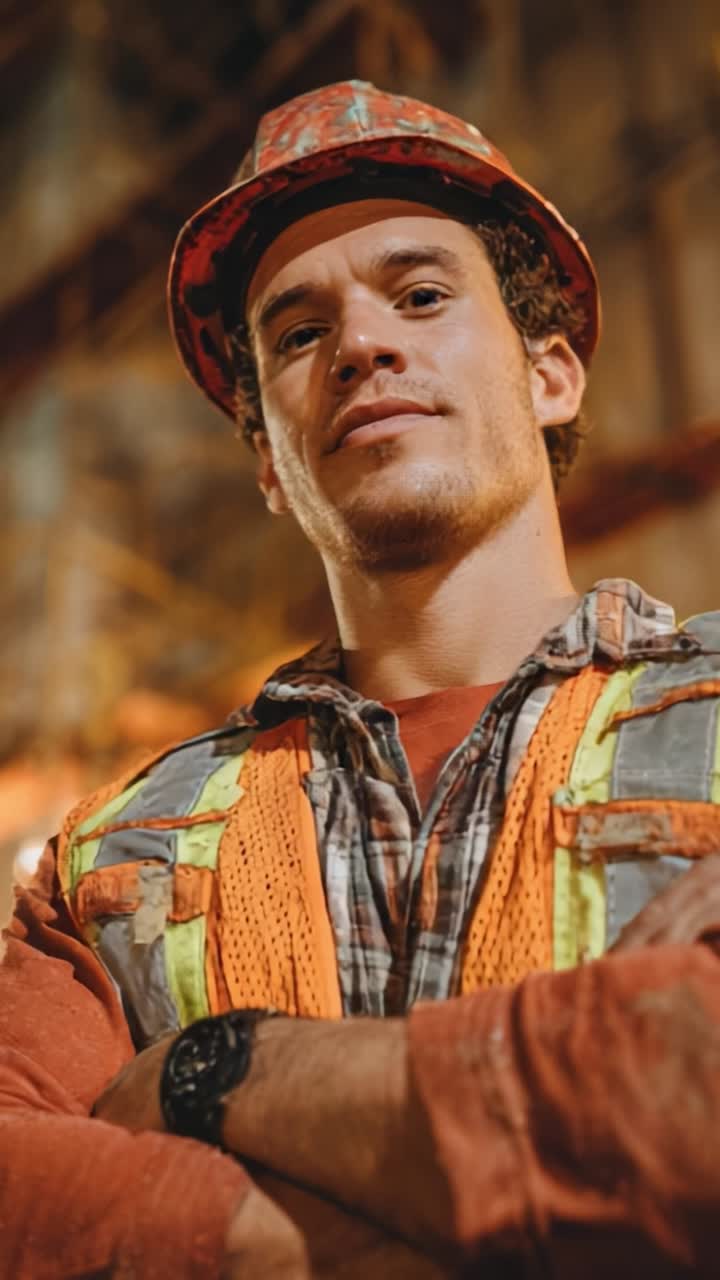 Trabajador de la construcción seguro de sí mismo mostrando una gran presencia en un entorno industrial, enfatizando el equipo de seguridad y la profesionalidad en el campo