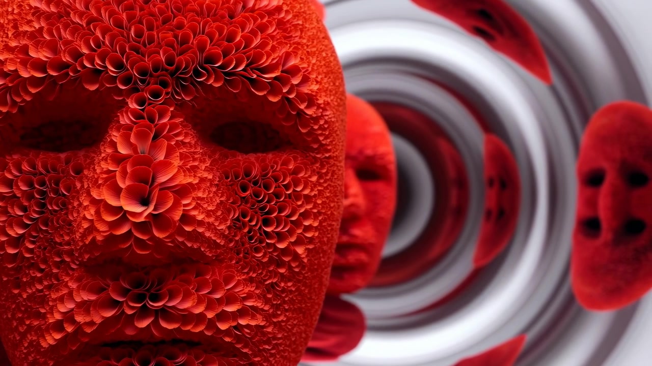 Primo piano orizzontale ravvicinato di un volto rosso stilizzato, composto da forme di petali tubolari densamente raggruppati, con orbite oculari, ponte nasale e bocca che emergono da ricchi strati testurizzati e motivi concentrici ripetuti.