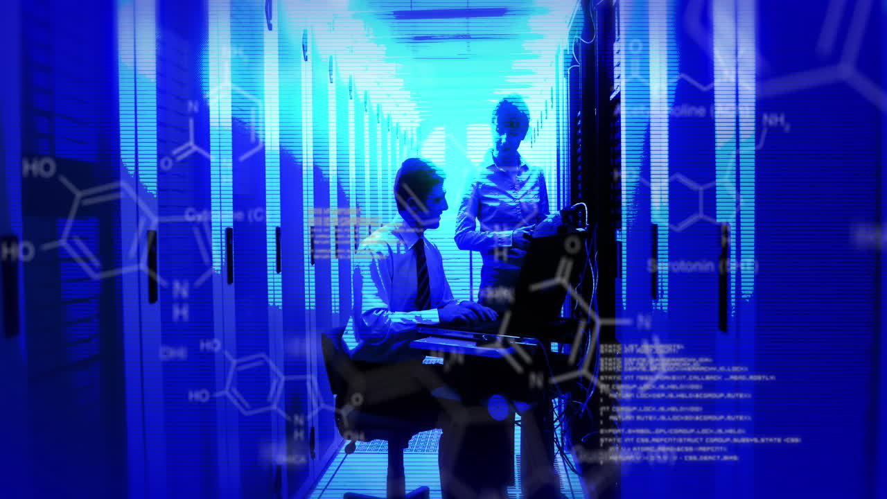 Animation of data processing with diverse it technicians by computer servers