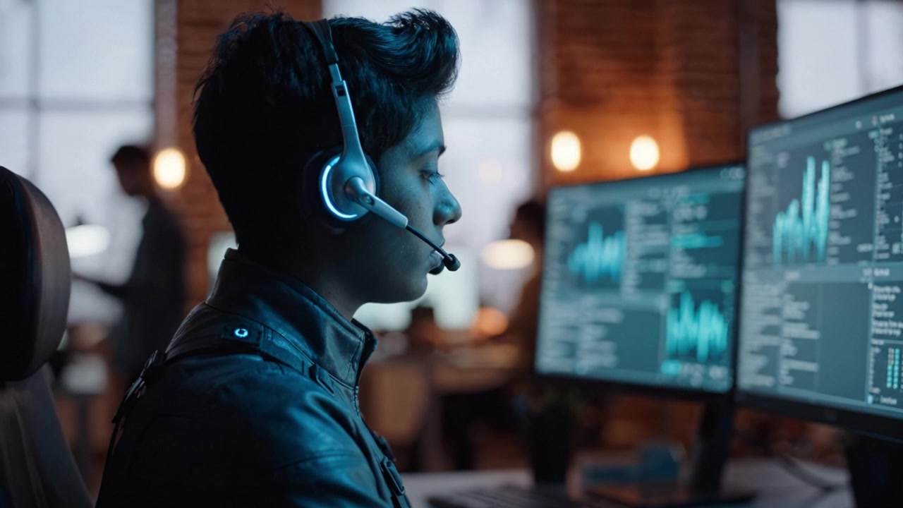 Focused Young Man in Headset Analyzing Data on Multiple Monitors in a Modern Office Setting, Highlighting Technology and Communication in Work Environment