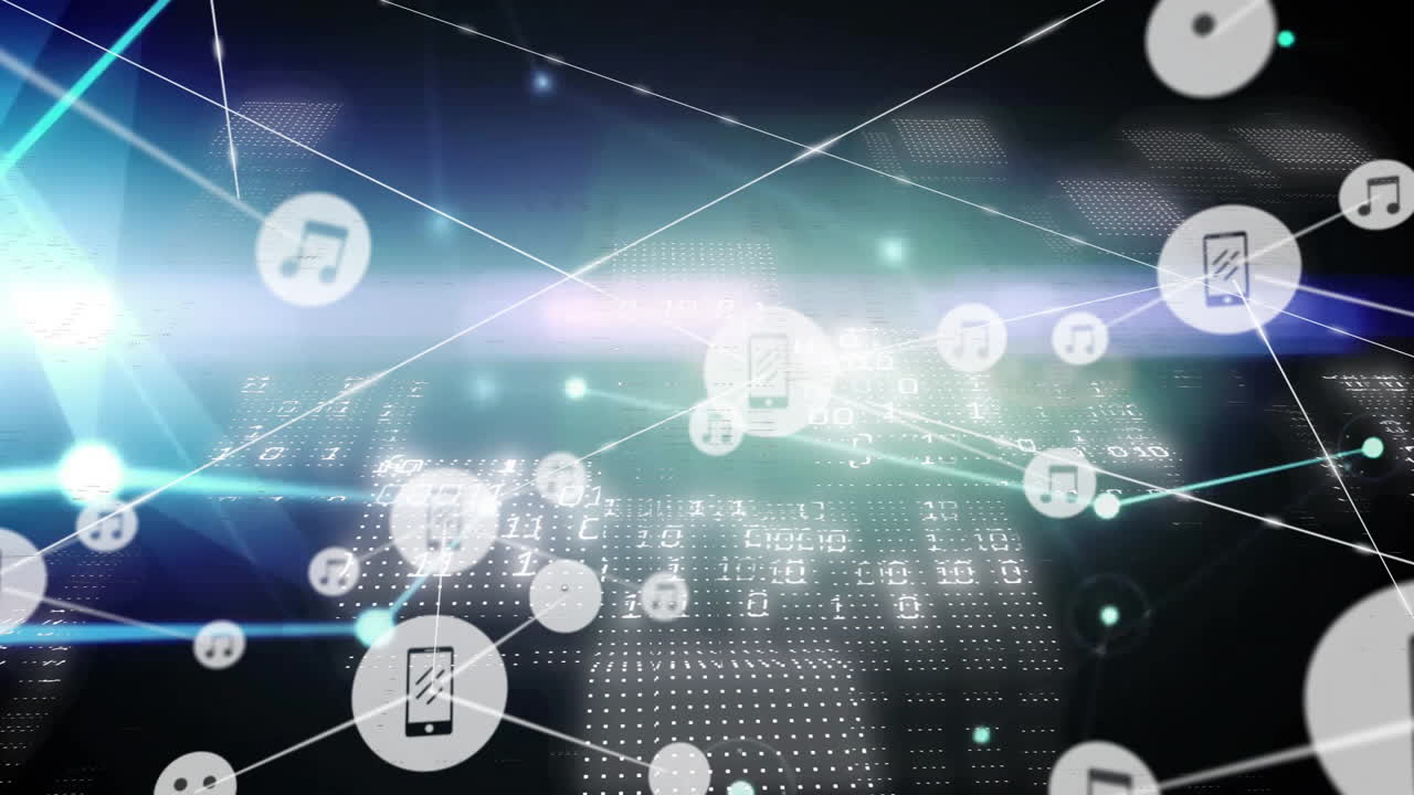 Connected over glowing network grid, digital music icons and devices with animation