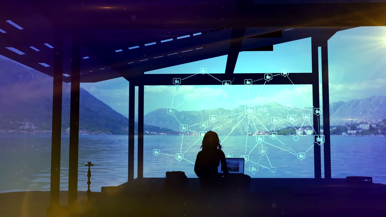 블로거는 많은 라이크, 인포그래픽 및 호수의 아름다운 전망을 얻습니다.