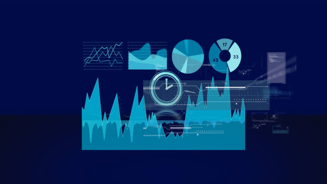 Animation of digital interface with clock over dark background