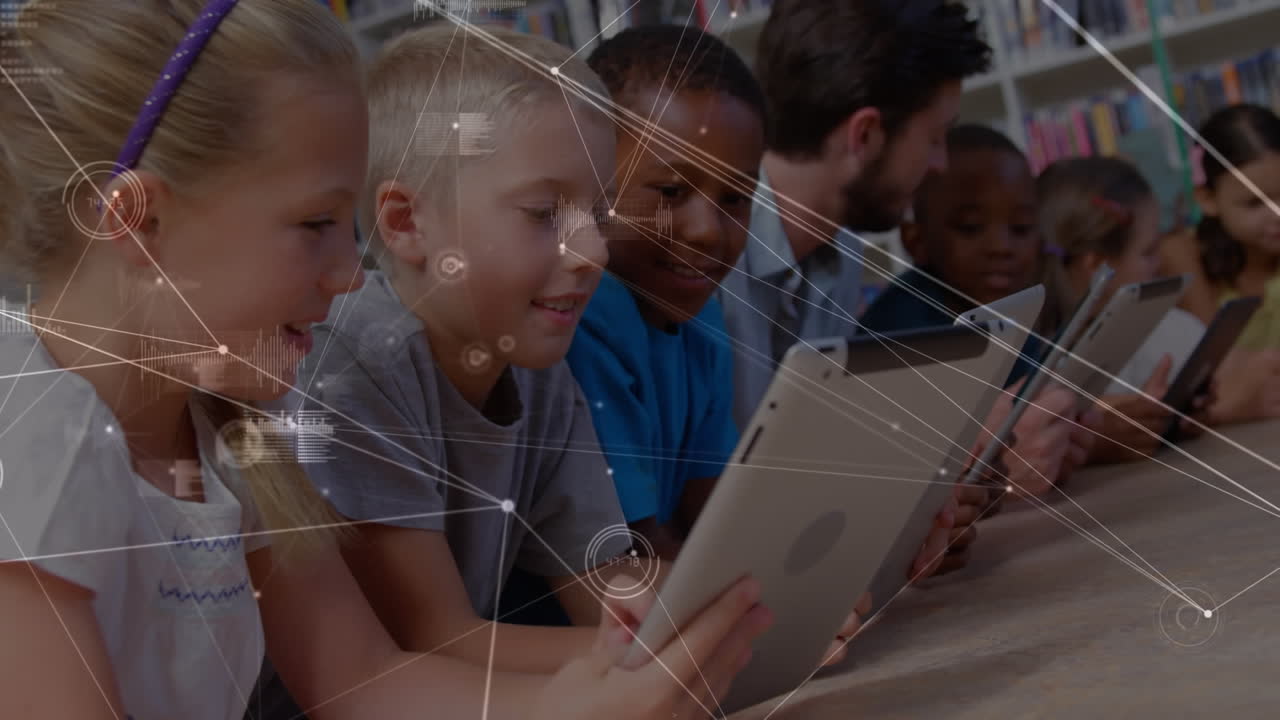 Animation of connected dots, graphs over diverse student and male teacher using digital tablet