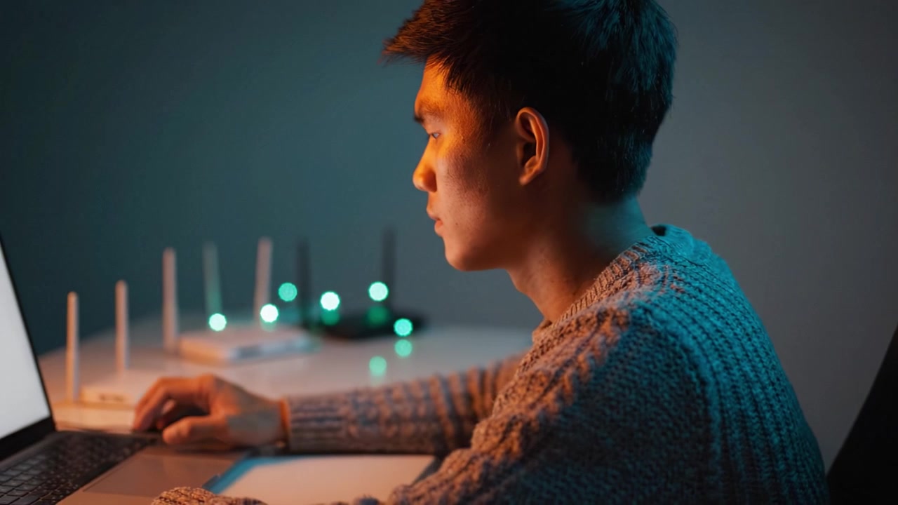Focused Individual Working on Laptop in Cozy Environment with Soft Lighting and Smart Devices on Table, Conveying Concentration and Modern Technology Use